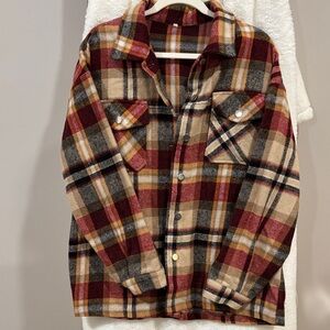 Plaid Button-Up Shacket Red and Tan